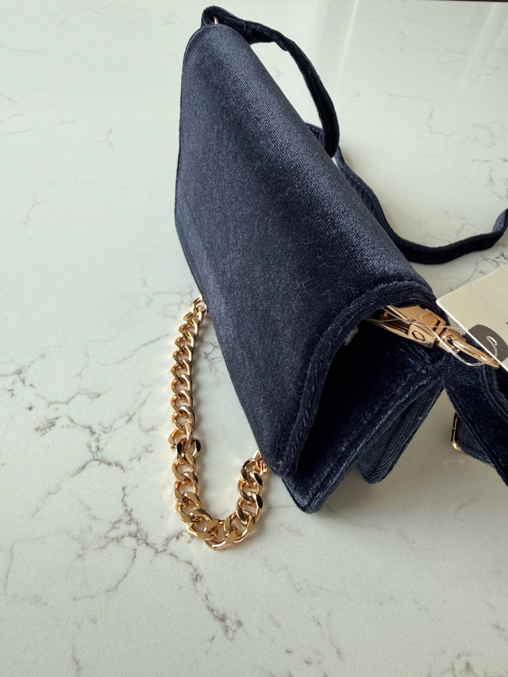 Anthropologie Navy Blue Velvet Crossbody Bag with Gold Chain NWT - Picture 5 of 10